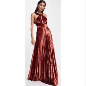 ASOS DESIGN Halter Cross Waist Velvet Pleated Maxi Dress in Rust